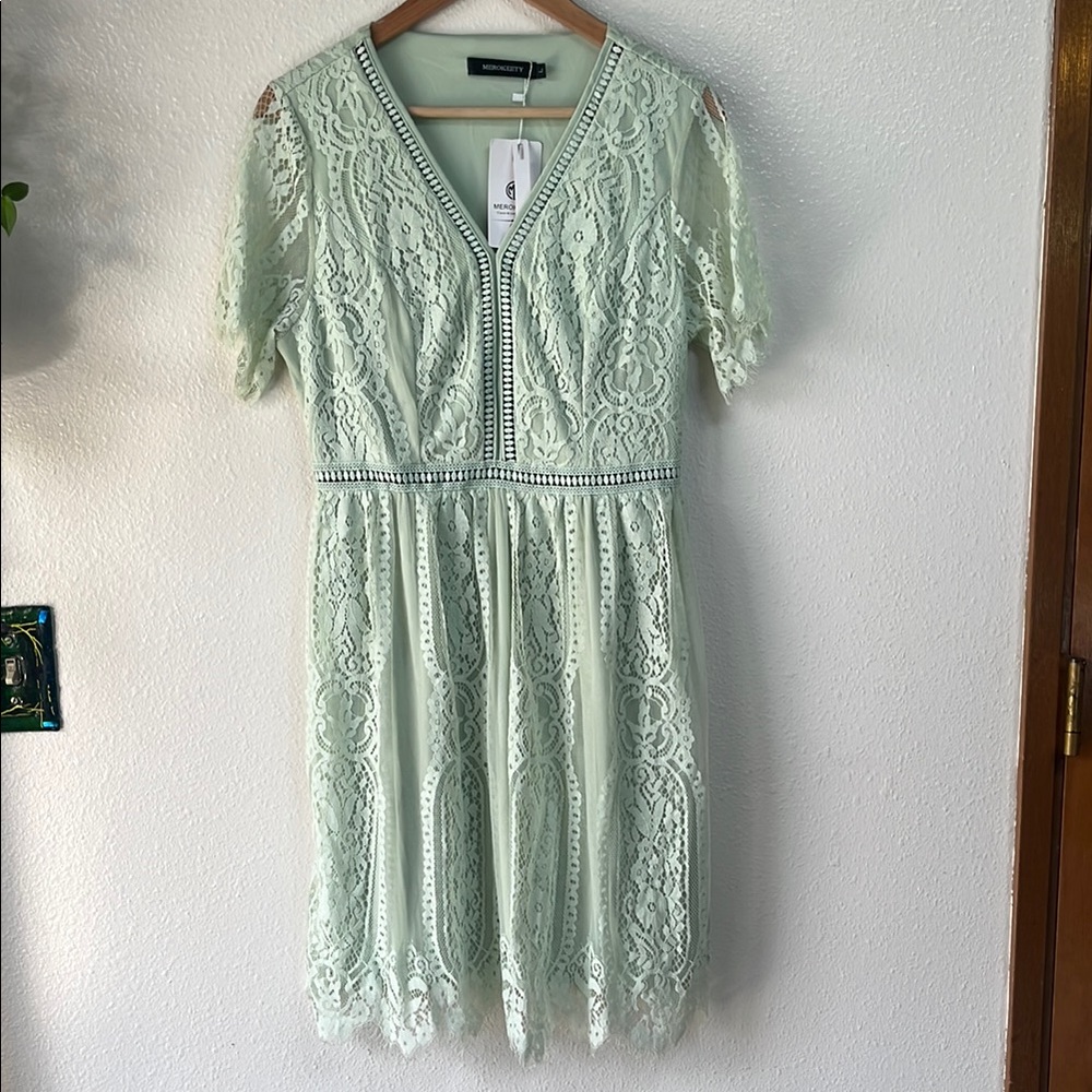 Lace Layered Pastel Green Modest Feminine Midi Dress Merokeety NWT Large